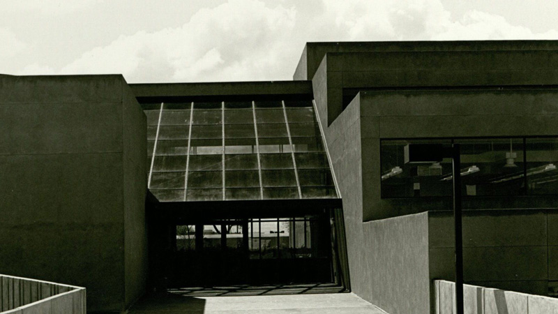 black and white photograph of the art building