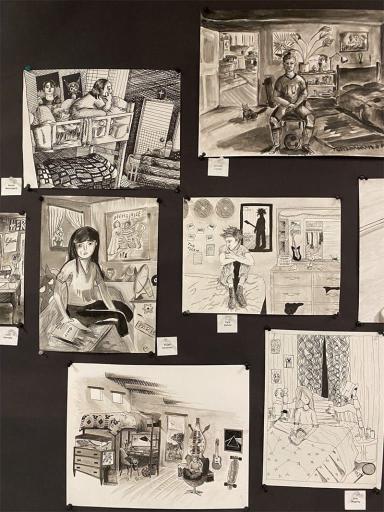 various black and white drawings by students
