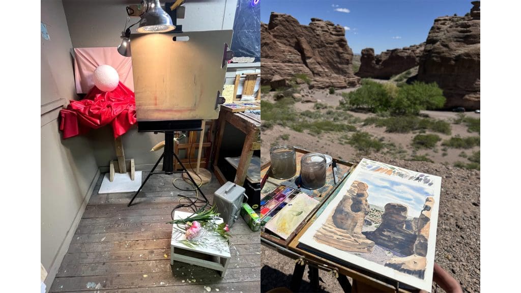 a split view of two art studios