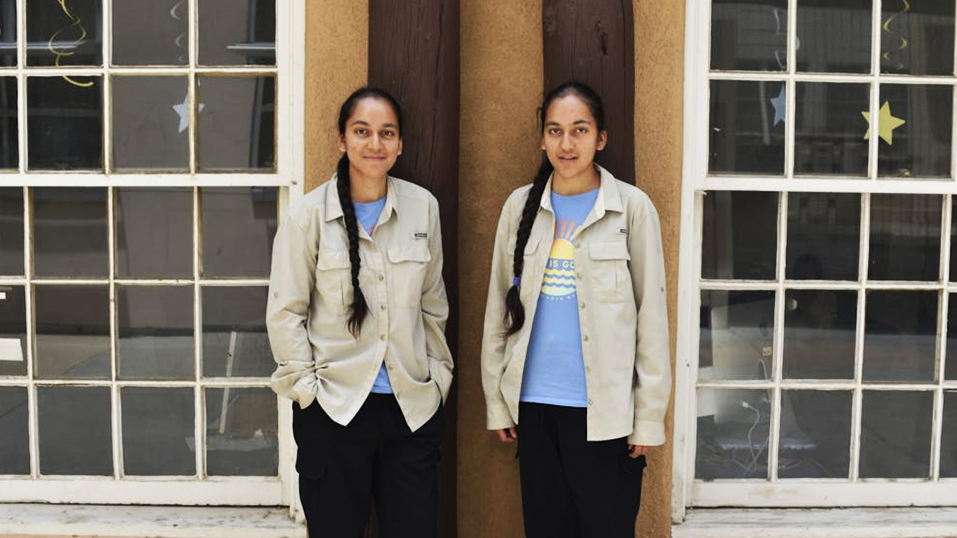 twins Ethan and Emma Paloma outside of Marron Hall