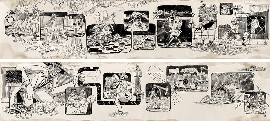 Chicano cartoonist and storyteller Zeke Peña’s two-part illustration, The River
